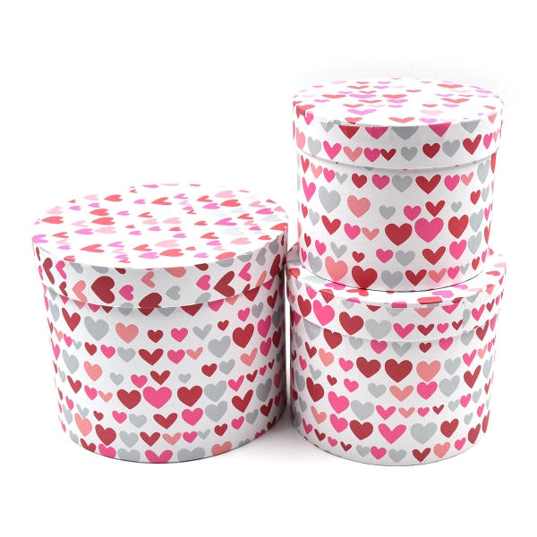 Set 3 cutii rotunde albe cu inimioare rosu roz gri AFO